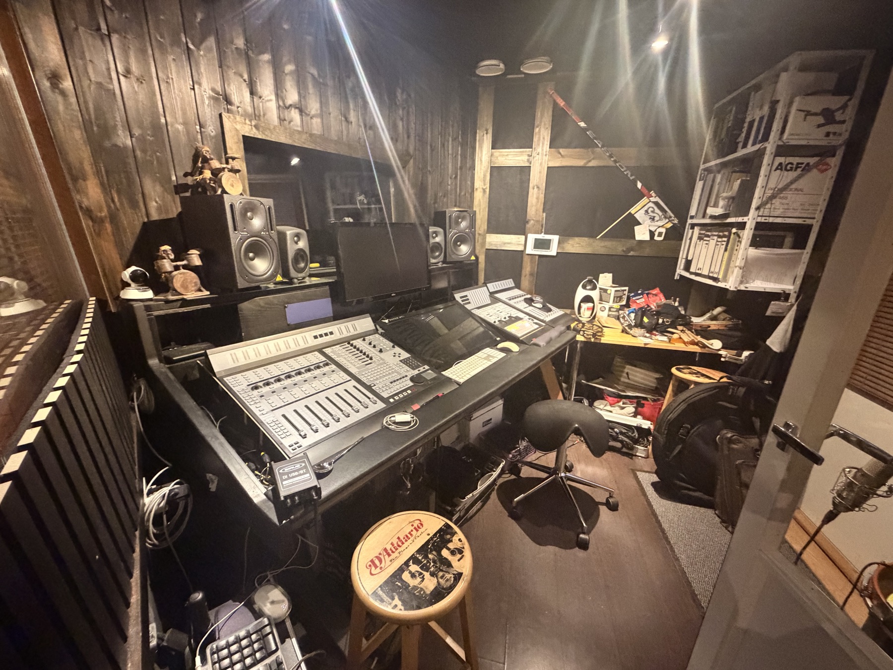 Second control room with a mixing desk and monitor speakers